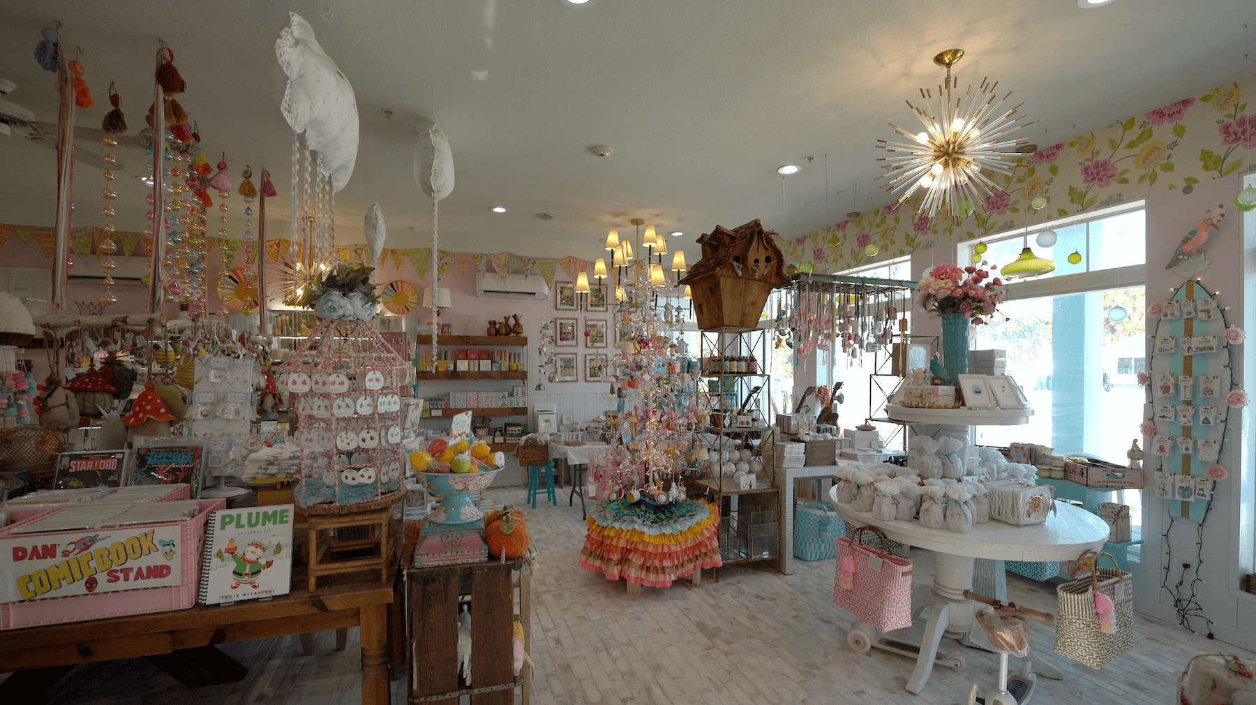 Brightly colored and fun decorated store called Shiny Fish Emporium's interior